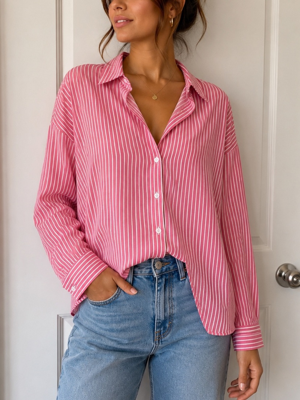 Francesca's Pink & White Striped Long Sleeve Button Down - Small